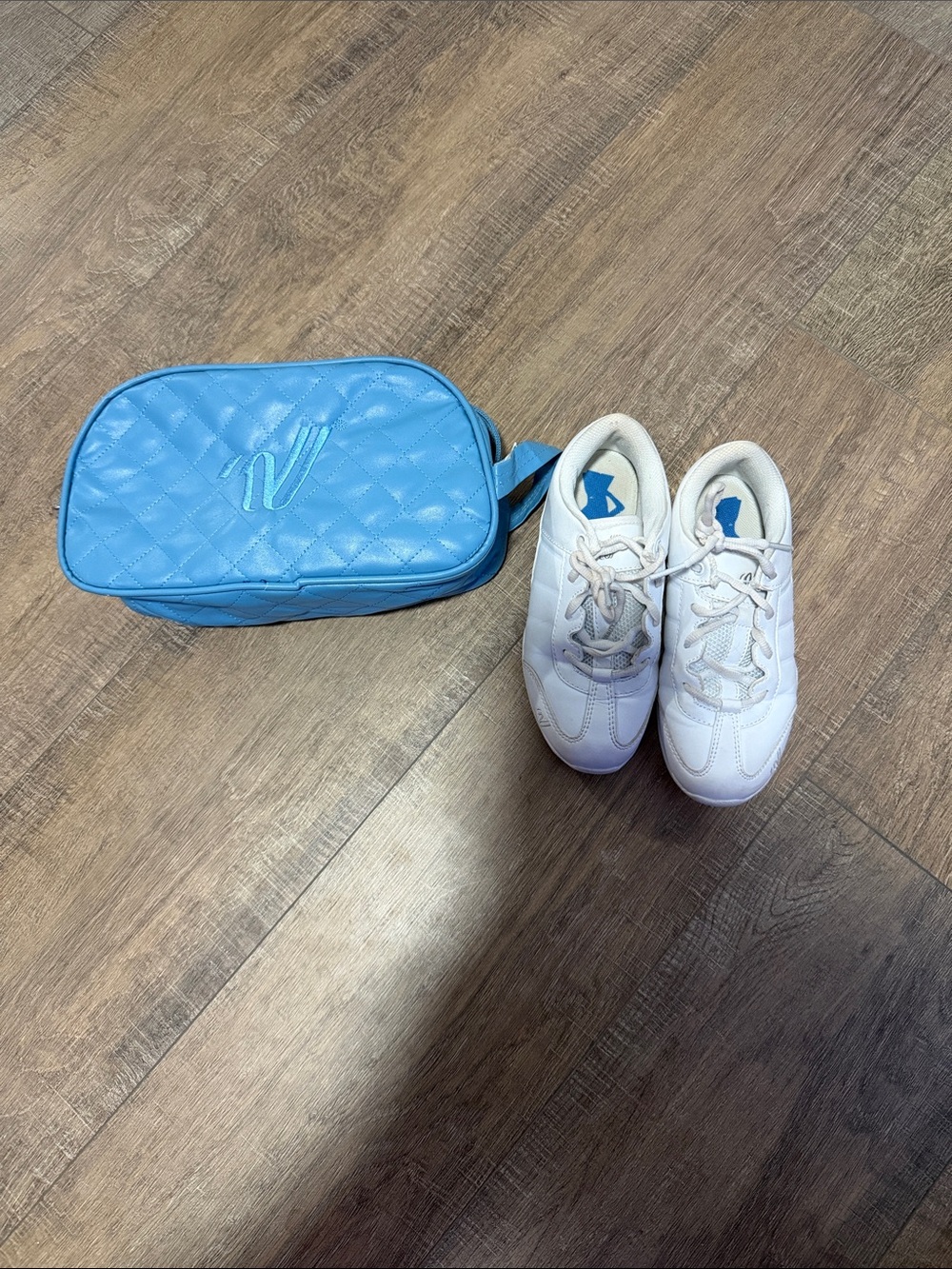 Varsity White Kids Sneakers with Sky Blue Pouch Accent